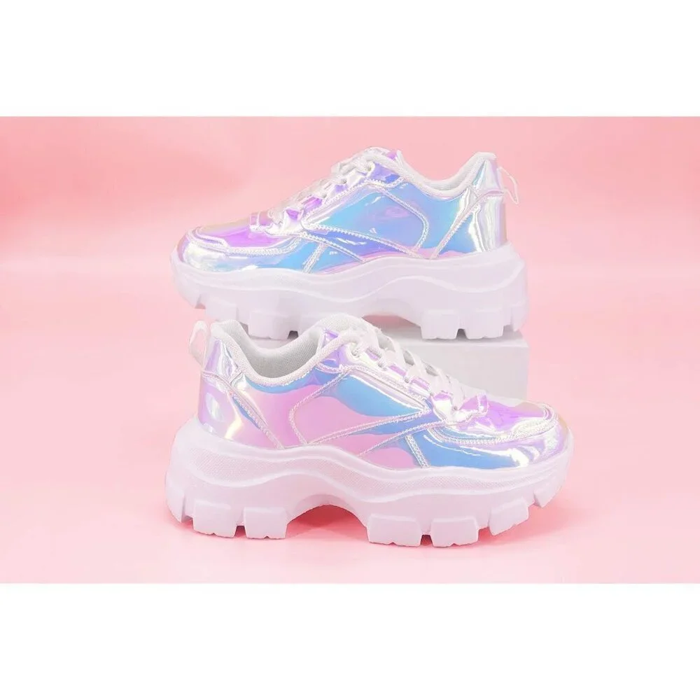 Women White Hologram Platform Fuchsia Hologram Casual Lace-Up Sneakers